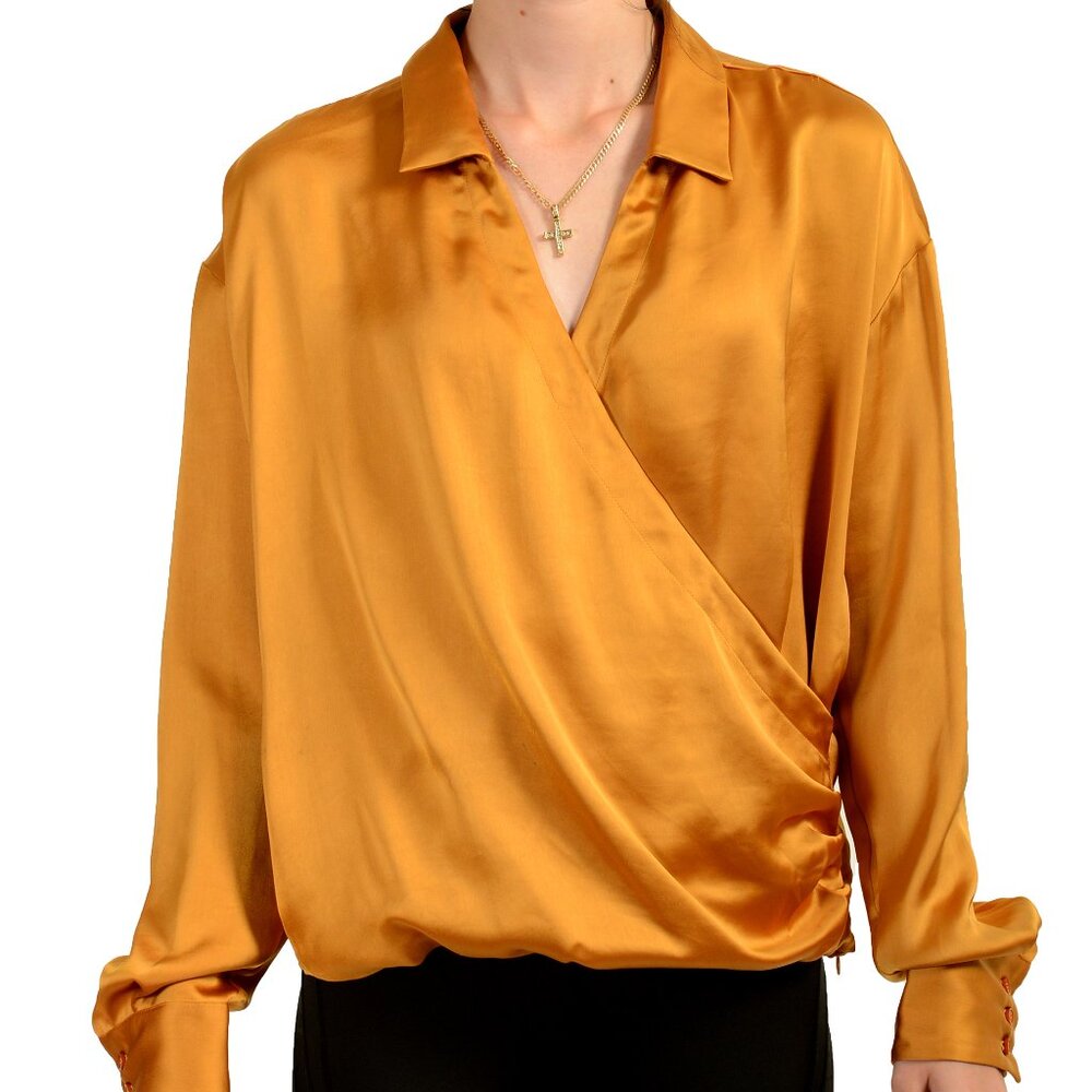 Hugo Boss Satin Wrap Blouse in Mustard Gold